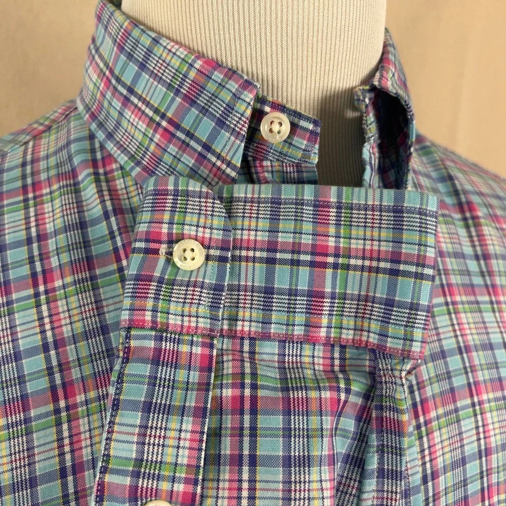 Polo Ralph Lauren Medium Button Down Shirt Blue Pink Plaid 100% Cotton Mens